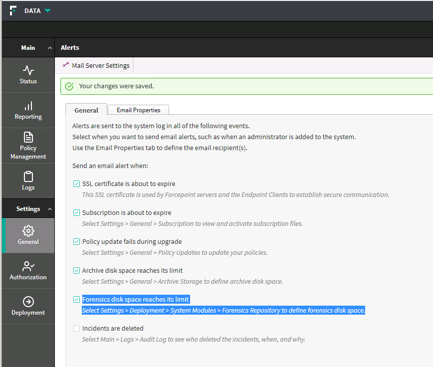 Modifying Forcepoint DLP Forensics Repository Alert Thresholds